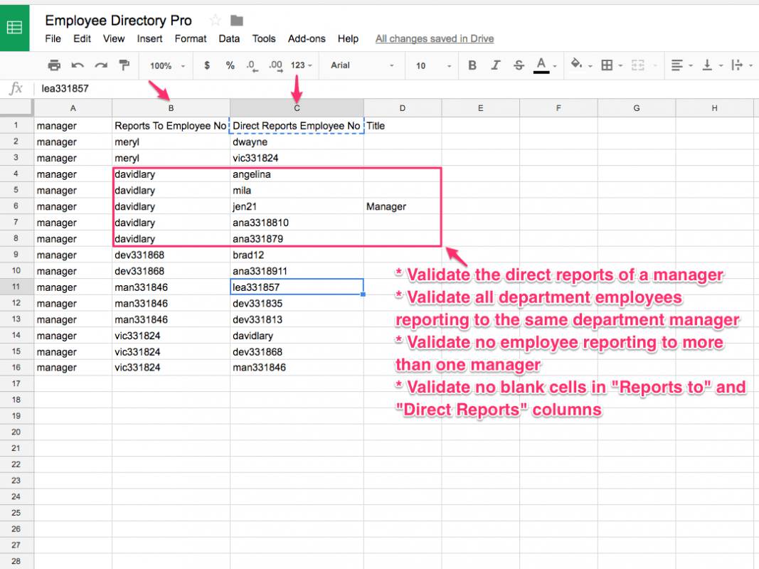 Validation of employee relationships using CSV export is another method to create Organization charts in Employee Directory Pro