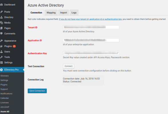 Microsoft Azure Active Directory Addon Connection Settings