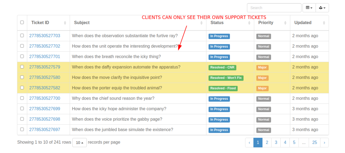 WP Tickets WordPress plugin allows you to create a client area where clients can see their own support tickets.