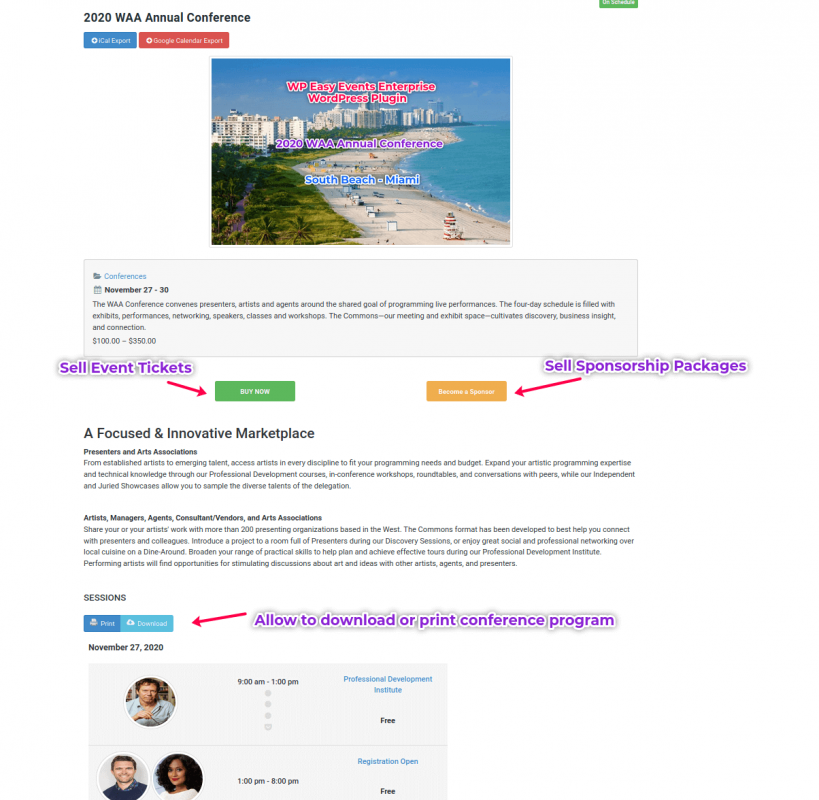 WP Easy Events Enterprise WordPress Plugin Conference Page